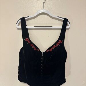 Rouje Black Velvet Crop Top with Red Floral Detail
